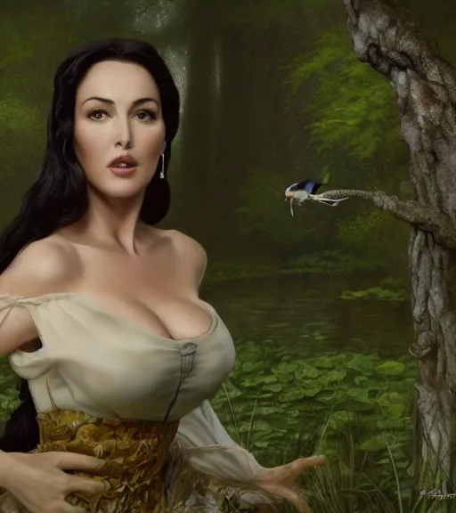 Image similar to film still of Monica Bellucci as snow white in a forest by a pond with frogs, by artgerm, makoto sinkai, magali villeneuve, Gil Elvgren, Earl Moran,Enoch Bolles, symmetrical,