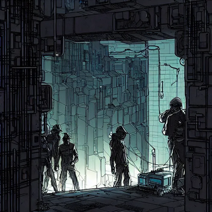 Image similar to miners wait to enter a tiny cubic building with one door. storyboard panel, scifi cyberpunk. by gabriel hardman, joe alves, chris bonura. cinematic atmosphere, detailed and intricate, perfect anatomy