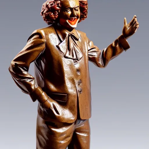 Prompt: a full figure bronze sculpture of ronald mcdonald