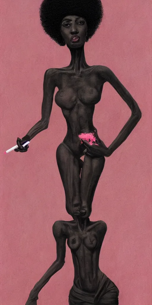 Image similar to A beautiful tall black woman with dark skin and a pink afro, looking at you from across the bar, holding a lit cigarette, digital art, oil painting, clean lines, drawn by H.R Giger