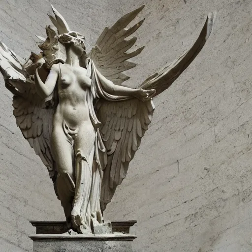 Image similar to Winged Victory of Samothrace statue with arms and a head, 8k resolution, highly detailed
