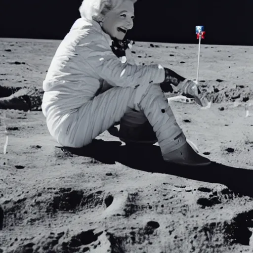 Image similar to betty white eating a hotdog on the moon