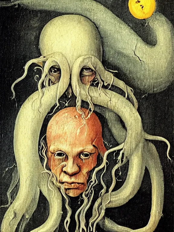 Prompt: painting by hieronymus bosch of a flying sorrowful looking human head with tears running down it's eyes, face that is chalk white in color, with long sprawling white tentacles stemming down it's neck, fiery scorching red eyes, flying in a terrying hellish dark cavernous place