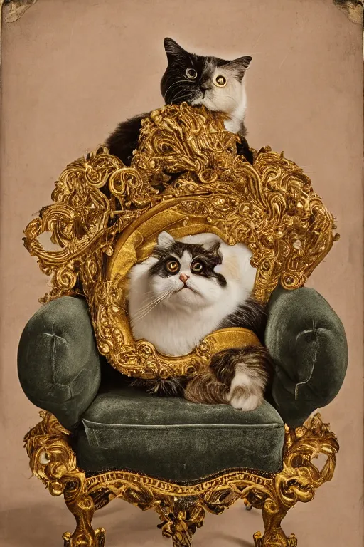 Image similar to a magnificent tintype portrait of a silly looking fluffy fat cat on an embroidered velvet cushion on a neo - rococo gilded little bed with precious stones, ball of yarn, by david lachapelle, photorealistic, photography, wide shot