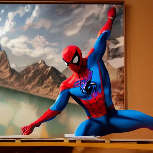 Image similar to a closeup photorealistic photograph of spider - man working on a canvas painting. film still. brightly lit scene. mountains and trees. this 4 k hd image is trending on artstation, featured on behance, well - rendered, extra crisp, features intricate detail, epic composition and the style of unreal engine