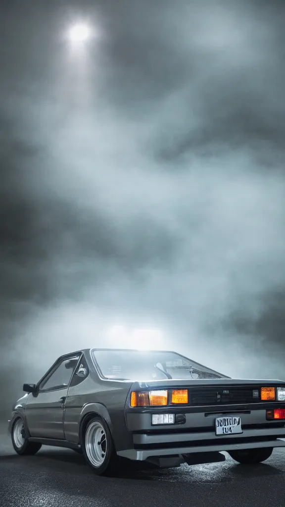 Image similar to a trueno ae 8 6 with pop up headlights, cinematic, long exposure, white balance, 8 k, led, lumen global illumination, fog, ray tracing reflections