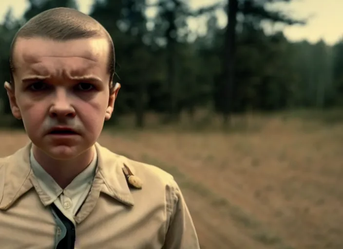 Image similar to film still of jim hopper as eleven in stranger things, 8 k