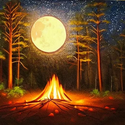 Prompt: forest at night, lit campfire on the ground, moon in the sky, beautiful painting