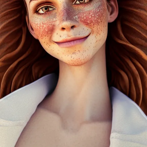 Prompt: portrait of a cute thin young woman, bronze brown hair, emerald green eye color, red blush, cute freckles, smug smile, modern clothes, relaxing on the beach, golden hour, close up shot, 8 k, art by irakli nadar, hyperrealism, hyperdetailed, ultra realistic