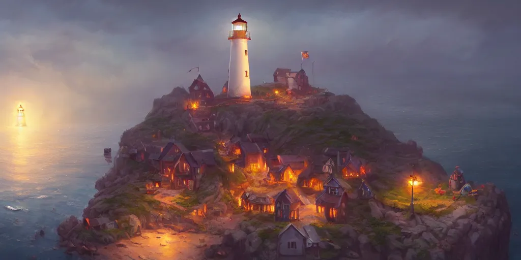 Image similar to Cozy small fantasy village on a cape with a lighthouse, fishing boats, view from above. In style of Greg Rutkowski, Jesper Ejsing, Makoto Shinkai, trending on ArtStation, fantasy, great composition, concept art, highly detailed, scenery, 8K, Behance.