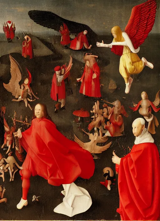 Image similar to flying fallen angels dressed in red with wings by Jan van Eyck, Hieronymus Bosch, Johannes Vermeer 4k post-processing, highly detailed medieval painting