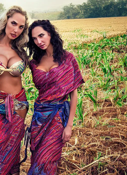 Image similar to portrait of lindsey pelas and gal gadot wearing tied batik shirt and sarong harvesting a paddy field, by charlotte grimm, natural light, detailed face, canon eos c 3 0 0, ƒ 1. 8, 3 5 mm, 8 k, medium - format print, half body shot