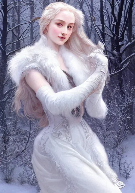 Image similar to sansa snow queen furry ice cold winter, intricate, elegant, highly detailed, digital painting, artstation, concept art, smooth, sharp focus, illustration, art by artgerm and greg rutkowski and alphonse mucha and william - adolphe bouguereau