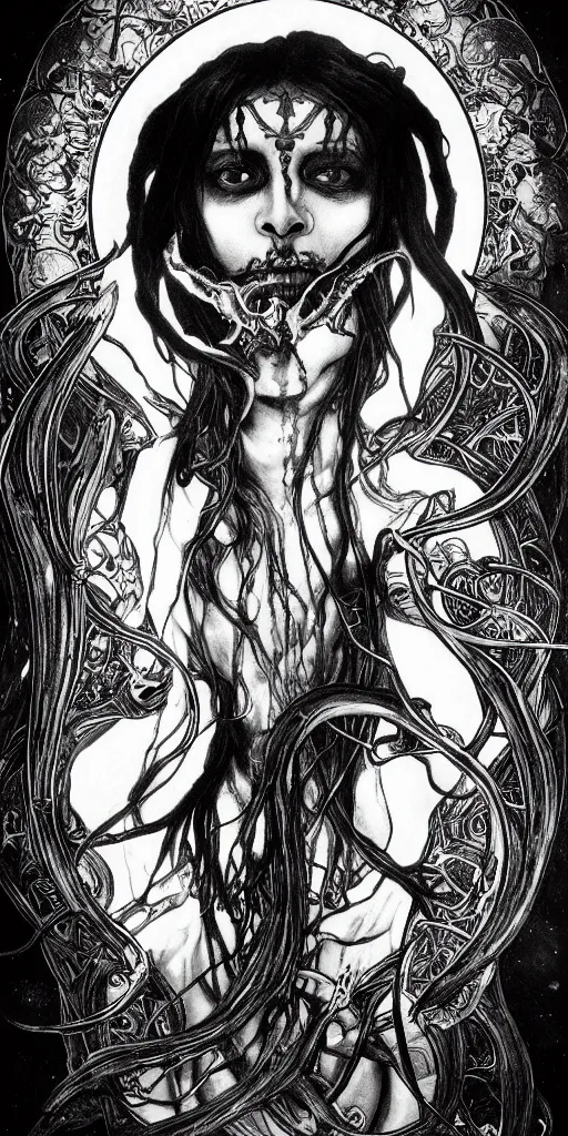 Image similar to intense glowing pagan black metal god with horns and tentacles and intense glowing eyes and a bloody skull in very dark cosmic space by h r giger and alphonse mucha and karol bak, portrait, fantasy, clear, light beams, lens flare, intense, uhd, amazing depth, cinematic lighting, red and black and white