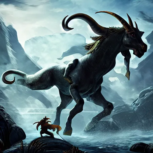 Image similar to man riding the elusive mythical capricorn creature while being attacked by monsters, fantasy art, concept art, character design, unreal engine 5, ultra detailed, cinematic, dramatic lighting