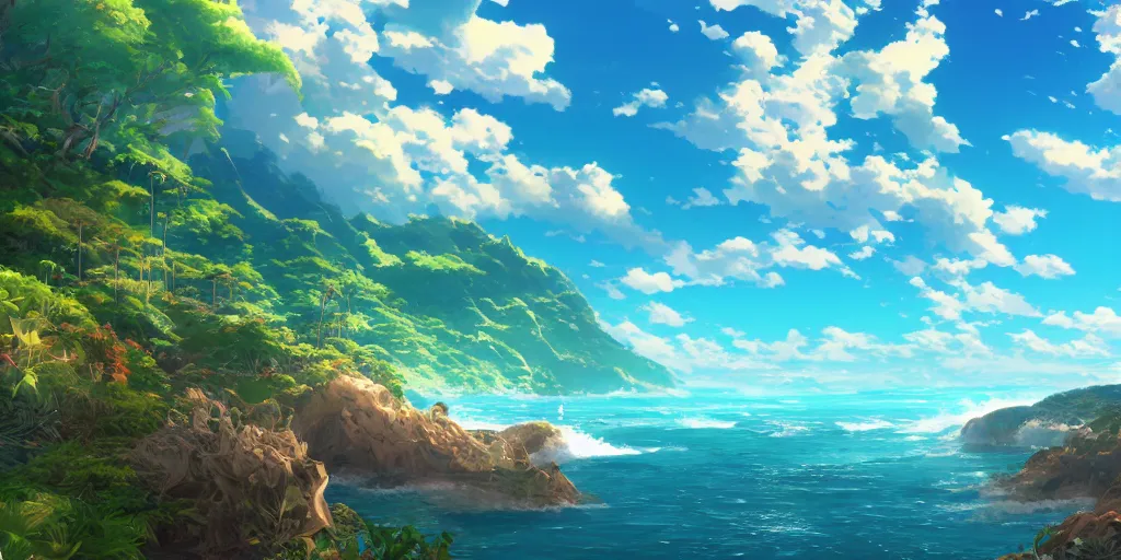 Prompt: detailed anime illustration of a beautiful hawaii landscape, ocean lagoon, breathtaking clouds by makoto shinkai, thomas kinkade and james gilleard, deviantart, cgsociety, 8 k vertical wallpaper