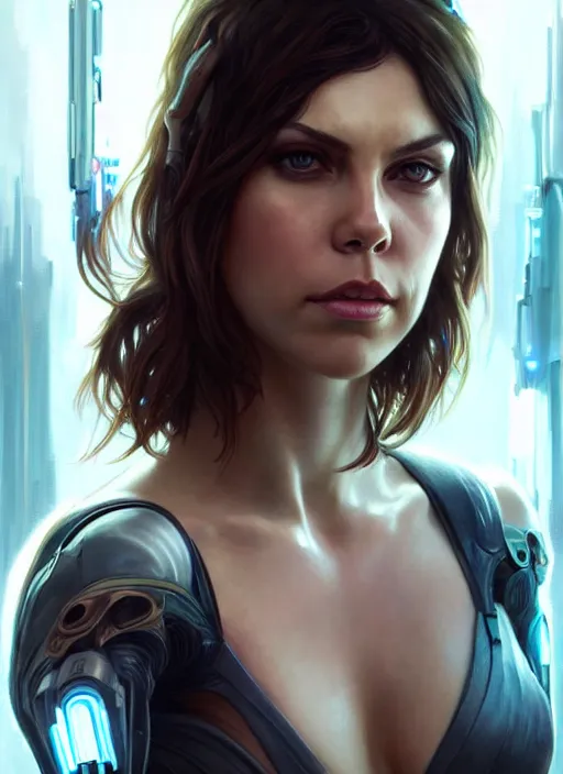 Prompt: lauren cohan with cyberpunk implants,, incredibly detailed face, pretty face, light dress, deep focus, fantasy, intricate, elegant, digital painting, artstation, concept art, matte, sharp focus, true anatomy, art by artgerm and greg rutkowski and alphonse mucha