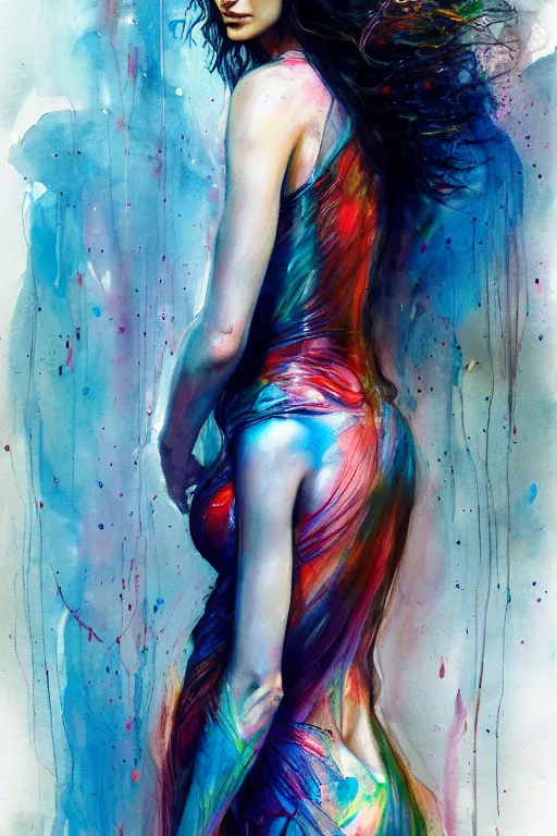 Image similar to gal gadot by agnes cecile enki bilal moebius, intricated details, 3 / 4 back view, full body portrait, extremely luminous bright design, pastel colours, drips, autumn lights