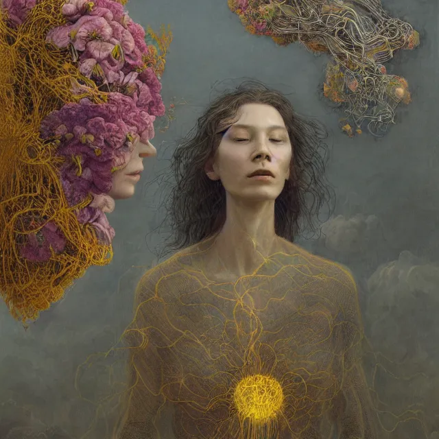 Image similar to A portrait of a woman wearing clothes made out of thunder clouds and flowers, hundreds of people floating still in air, apocalypse, yellow skin, Masterpiece, glowing, wires everywhere, by Edgar Maxence and Ross Tran, Zdzisław Beksiński, and Michael Whelan, distant, gustav dore, H.R. Giger, 8k, octane render