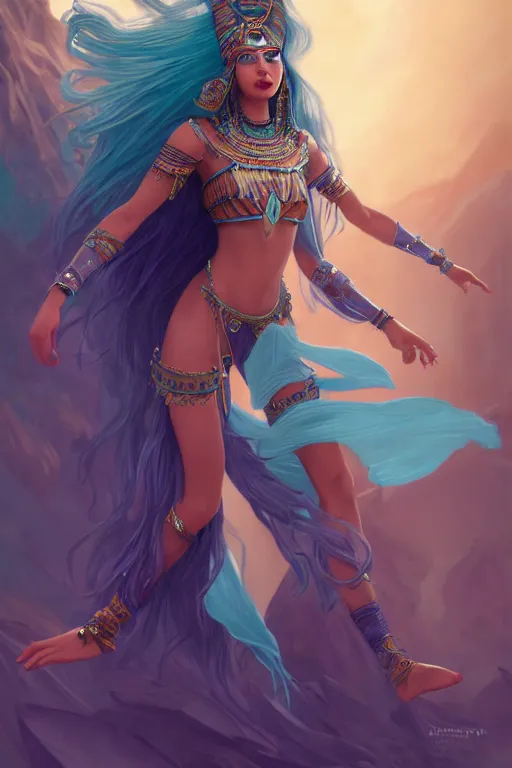 Prompt: beautiful sorceress female with teal colored skin, full body shot, long hair made of kelp, egyptian clothing, carrying a crystal stuff, d & d, fantasy, intricate, elegant, highly detailed, digital painting, artstation, concept art, matte, sharp focus, illustration, hearthstone, art by artgerm and greg rutkowski and alphonse mucha