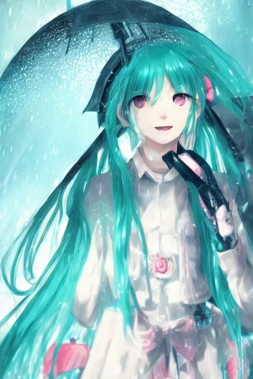 Image similar to hatsune miku in the rain under an umbrella, by wlop, concept art, poster