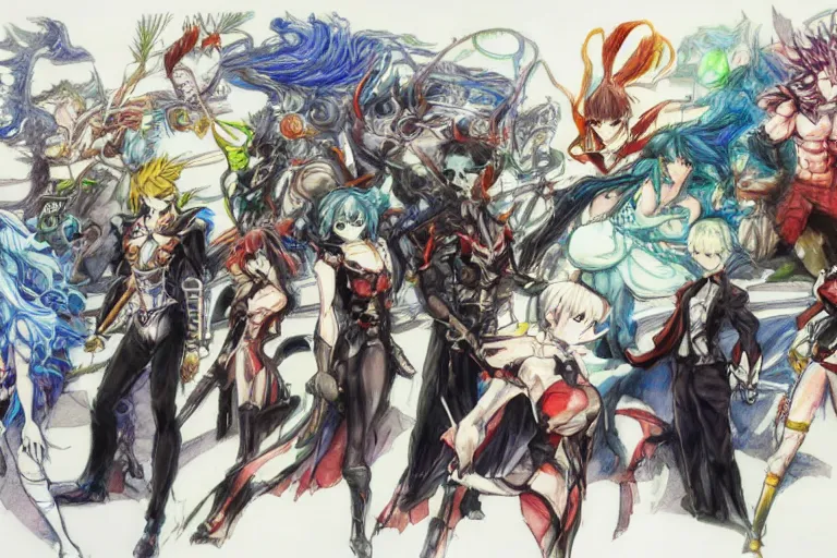 Image similar to A group of fantasy heroes with fantasy scenery on the background by Yoshitaka Amano and Shigenori Soejima, Atlus, concept art, crayons and watercolor sketch