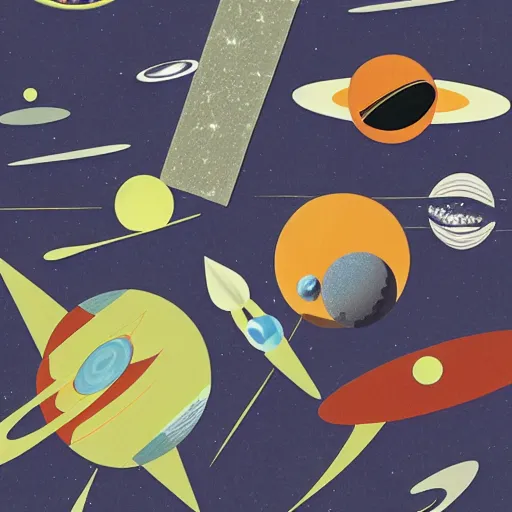 Image similar to A collage of Space Travel, mid-century modern, made of random shapes cut from magazines