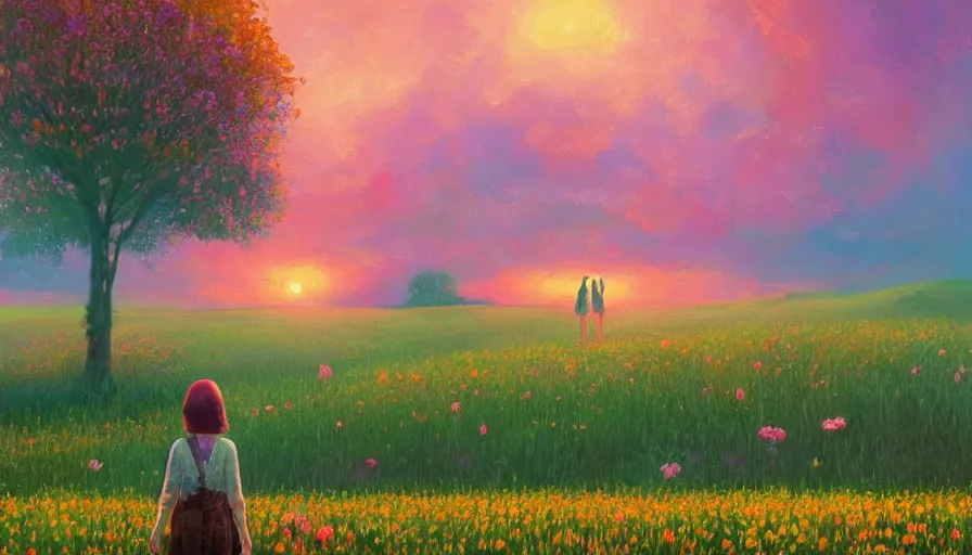 Image similar to girl with an blooming flower face, surreal photography, dream, standing in flower field, hills, big trees, sunrise dramatic light, impressionist painting, colorful clouds, digital painting, pointillism, artstation, simon stalenhag