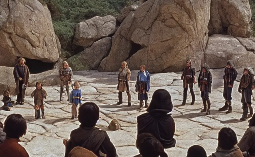 Prompt: screenshot of Luke Skywalker teaching a class of young padawans outside a rocky Jedi Temple scene from The Force Awakens, 1970s film by Stanley Kubrick, serene, iconic scene, Mark Hammil portrait, stunning cinematography, hyper-detailed, sharp, anamorphic lenses, kodak color film, 4k