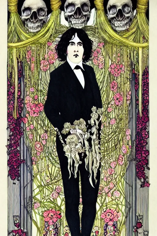 Prompt: realistic portrait of oscar wilde in the center of an ornate curtain frame with skulls and flowers, detailed art by kay nielsen and walter crane, illustration style, watercolor