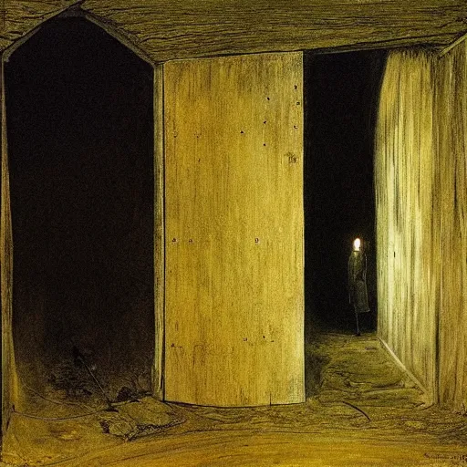 Image similar to Andrew Wyeth artwork, A man with a wooden box under his arm stands inside a dark tunnel, looking up with an expression of horror