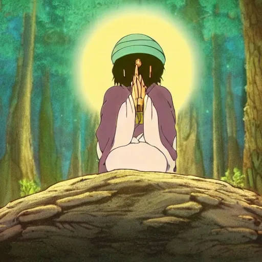 Image similar to a cell - shaded cartoon movie still from princess mononoke ( 1 9 9 7 ) of a middle eastern imam kneeling in prayer. a golden ufo is in the sky. very dull muted colors, hd, 4 k, hq