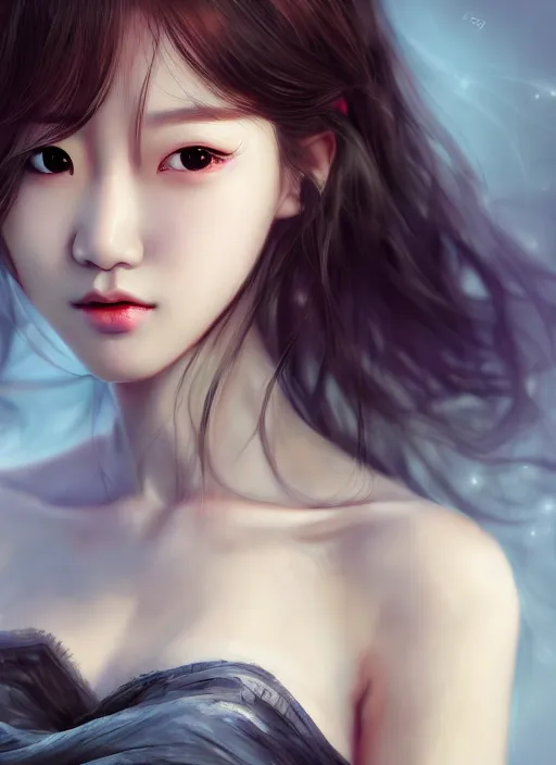 Prompt: beautiful fashion korean girl group, strapless dress, character portrait in the style of thomas river and artgerm, wlop, cinematic lighting, hyperdetailed, 8 k realistic, symmetrical, global illumination, radiant light, halo, love and mercy, frostbite 3 engine, cryengine, dof, trending on artstation, digital art, chanel