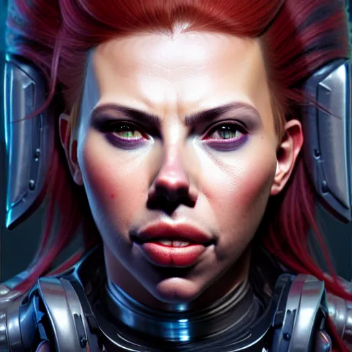 Image similar to portrait painting of a cyberpunk orc doctor extremely muscular ugly scarlett johansson with misshapen teeth, ultra realistic, concept art, intricate details, eerie, highly detailed, photorealistic, octane render, 8 k, unreal engine. art by artgerm and greg rutkowski and charlie bowater and magali villeneuve and alphonse mucha