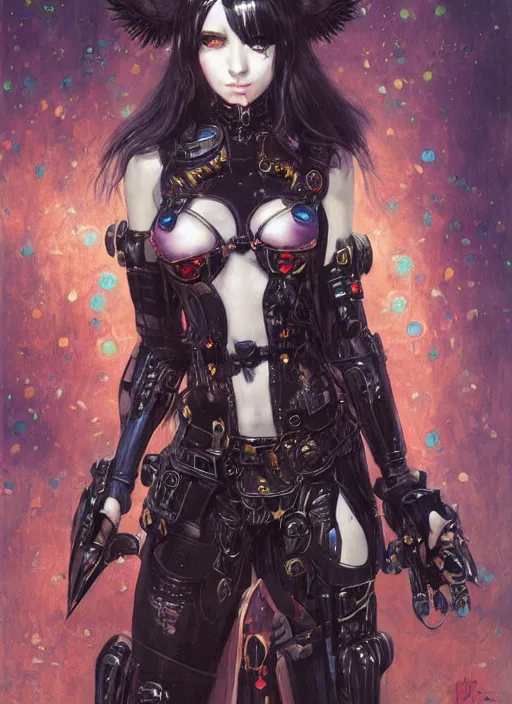 Prompt: portrait of cute beautiful young goth maiden in bikini armor, cyberpunk, Warhammer 40000, gothic, highly detailed, artstation, illustration, art by Gustav Klimt and Range Murata