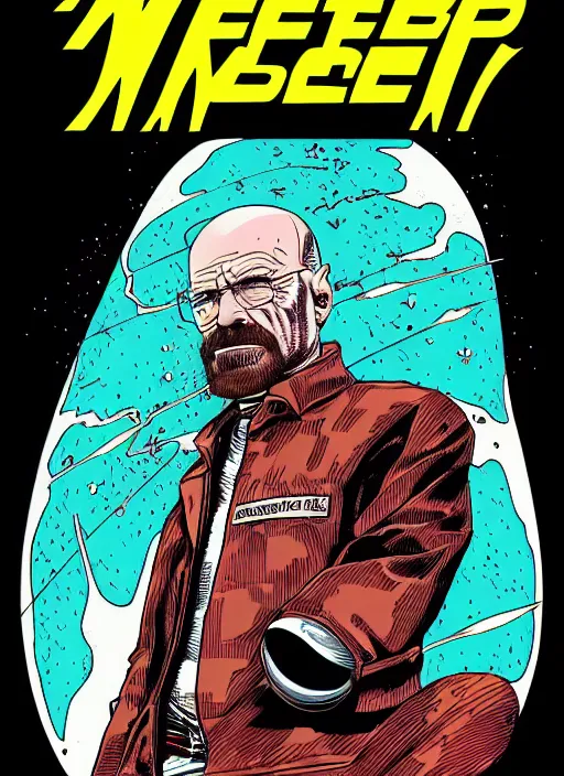 Prompt: Walter White as badass space wizard in retro science fiction cover by Moebius, vintage 1960 print, inked, detailed, trending on artstation, extremely detailed face