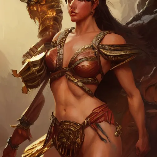 Image similar to muscular female warrior, deep focus, d & d, fantasy, intricate, elegant bikini, highly detailed, digital painting, artstation, concept art, matte, sharp focus, illustration, hearthstone, art by artgerm and greg rutkowski and alphonse mucha