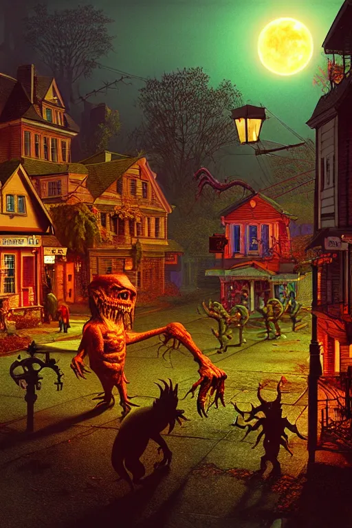 Image similar to a hyperrealistic vray rendering of a quiet autumn town being invaded by monsters in the night, cinematic horror by chris cunningham, lisa frank, richard corben, highly detailed, vivid color,