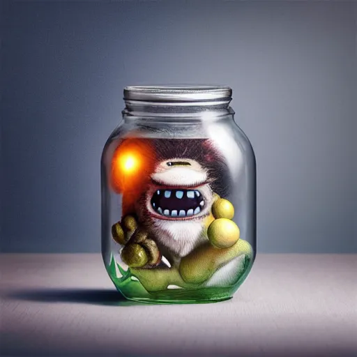 Image similar to cute monster in a jar by Greg Rutkowski, product photography, centered, studio lightning