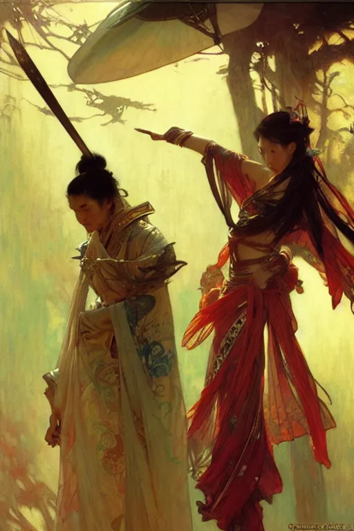 Prompt: wuxia, painting by gaston bussiere, craig mullins, greg rutkowski, alphonse mucha