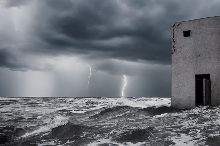 Prompt: danila tkachenko, low key lighting, an abandoned soviet building block in the middle of the ocean, storm, lighning storm, crashing waves, dramatic lighting