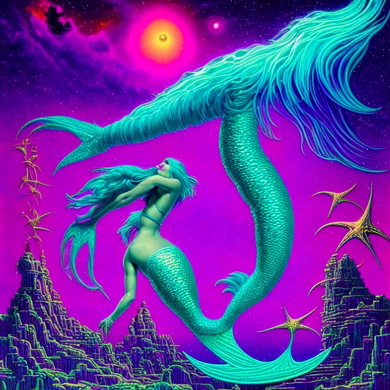 Image similar to cosmic mermaid over infinite crystal temples, ( ( ( synthwave ) ) ), ( ( fractal waves ) ), bright neon colors, highly detailed, cinematic, tim white, roger dean, michael whelan, caza, bob eggleton, philippe druillet, vladimir kush, kubrick, alfred kelsner, isono, vallejo