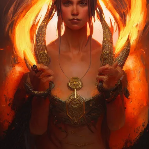 Image similar to a beautiful portrait of a fire goddess, flaming background, a detailed painting by greg rutkowski and raymond swanland, featured on cgsociety, fantasy art, detailed painting, artstation hd, photorealistic