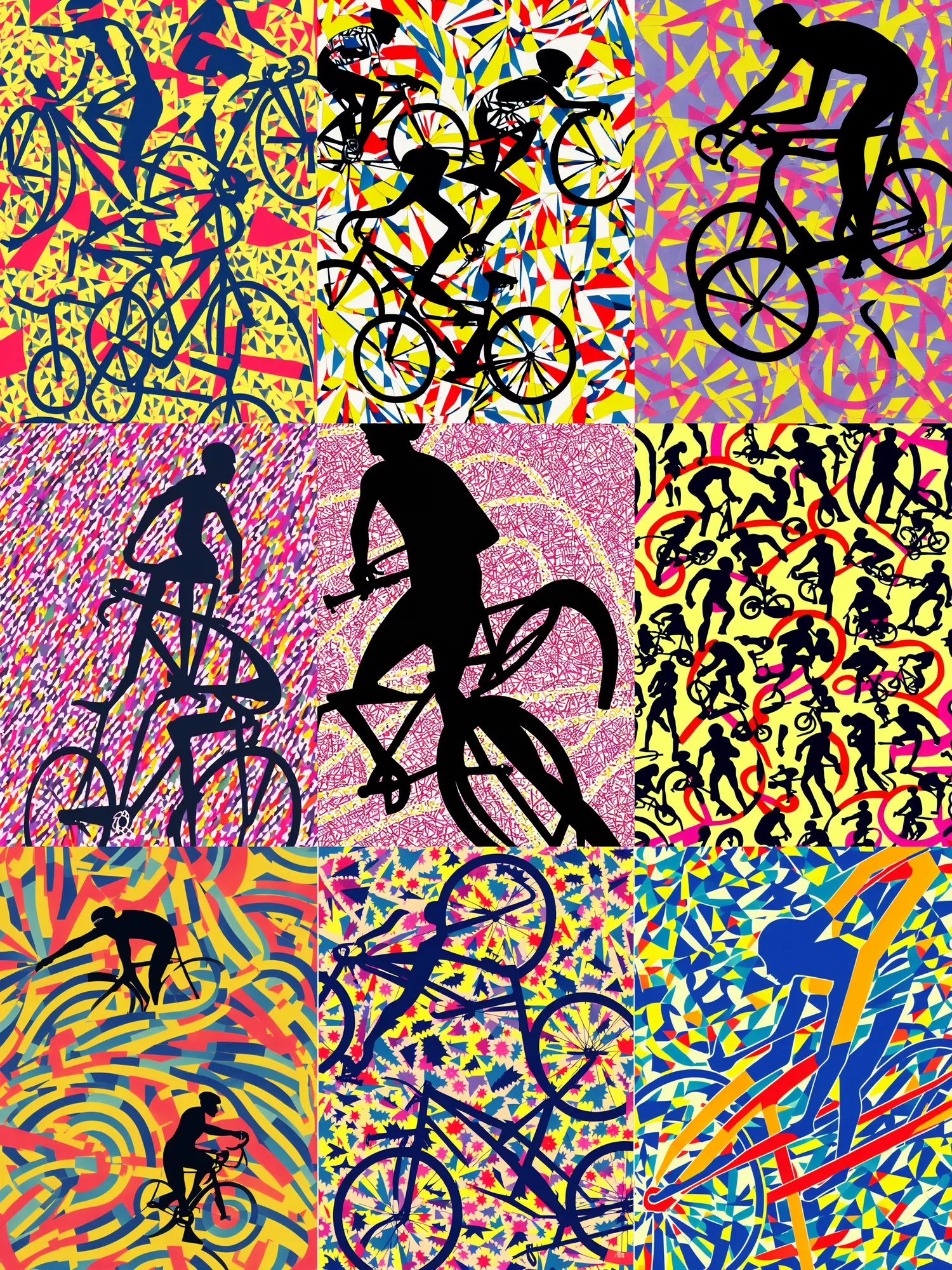 Prompt: silhouette of a fast cyclist in a collage of colorful patterns, in the style of ikko tanaka, japanese graphic design, 1 9 9 0,