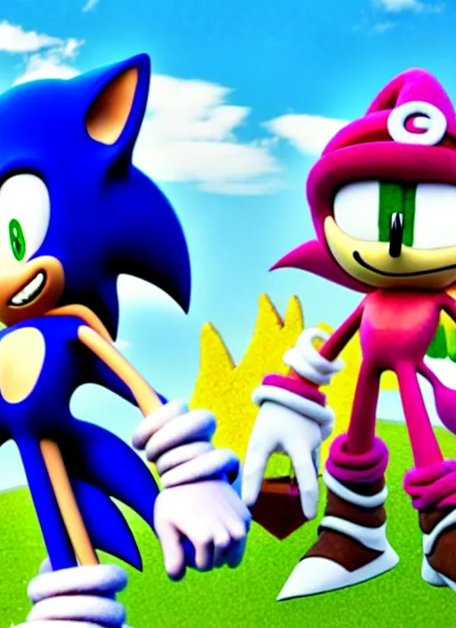 Image similar to sonic the hedgehog and timmy turner from fairly odd parents hanging out