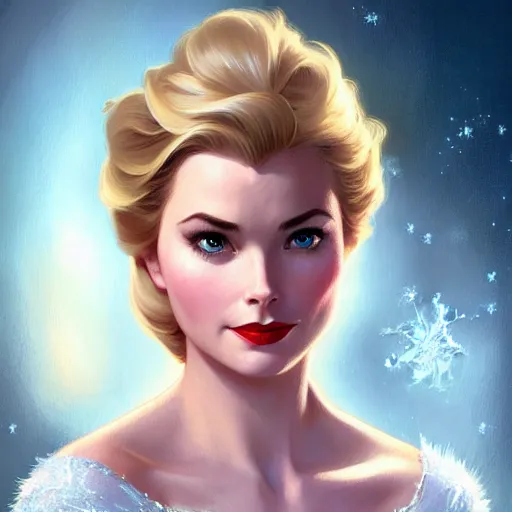 Prompt: Brunette Grace Kelly as Elsa from Frozen, western, D&D, fantasy, intricate, elegant, highly detailed, digital painting, artstation, concept art, matte, sharp focus, illustration, art by Artgerm and Greg Rutkowski and Alphonse Mucha