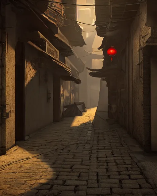 Prompt: artstation scifi scene of two deer - headed shadow, in a chinese town narrow alley, dim lights, long shadows, summer unreal engine 5, hyper realism, realistic shading, cinematic composition, blender render, octane render, hdr, detailed textures, photorealistic, wide shot