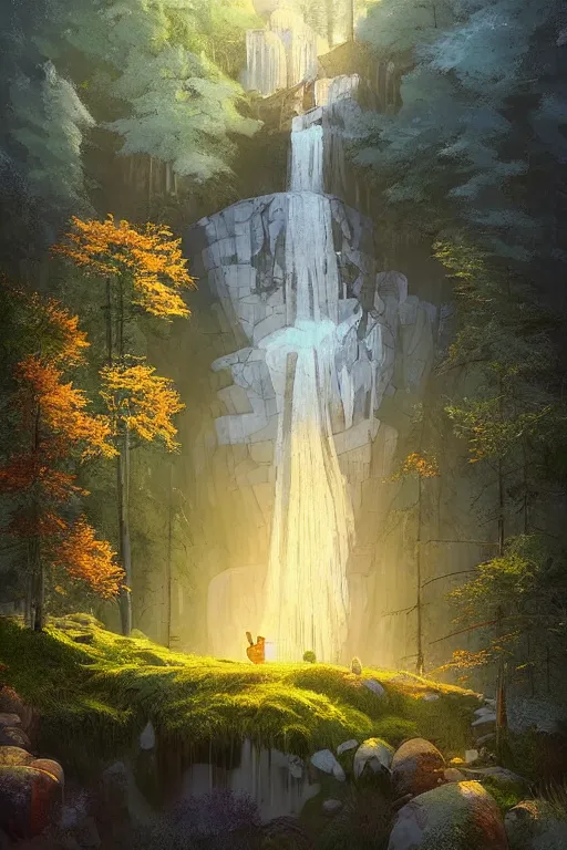 Image similar to scandinavian house in the forest on a hill, pixar, vector style, waterfall flows down from the mountain, vector art, fabulous, global illumination, warm lighting, by jordan grimmer