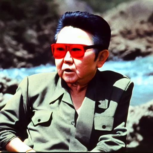 Image similar to filmstill of Kim Jong-il in the role of Rambo with head bandana, cinemascope, Eastman Color Negative 50T 5251 Neg. Film