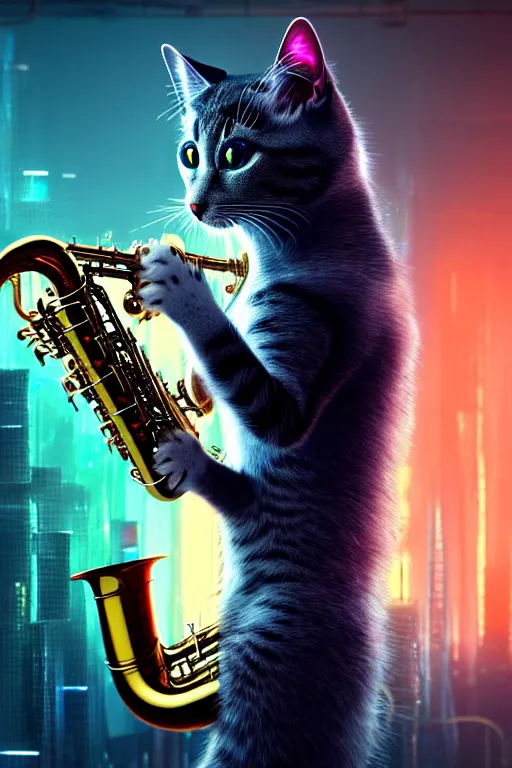 Image similar to high quality 3 d render very cute cyborg cat plays saxophone, cyberpunk highly detailed, unreal engine cinematic smooth, in the style of blade runner & pixar, hannah yata charlie immer, moody light, low angle, uhd 8 k, sharp focus